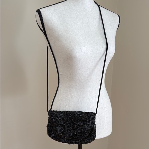 Small Elegant Black Beaded Sequin Crossbody Shoulder Bag Purse Formal Evening - Picture 2 of 6